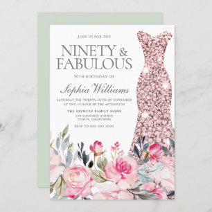 Blush Floral Dress Ninety & Fabulous 90th Birthday Invitation