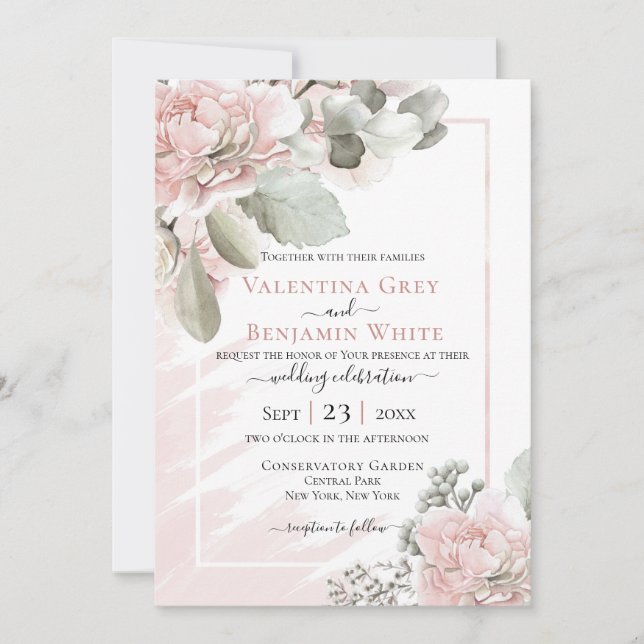 Blush floral dusty rose boho chic invitation (Front)