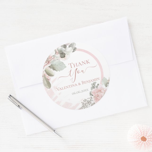 Blush floral dusty rose Thank you boho chic Classic Round Sticker (Envelope)