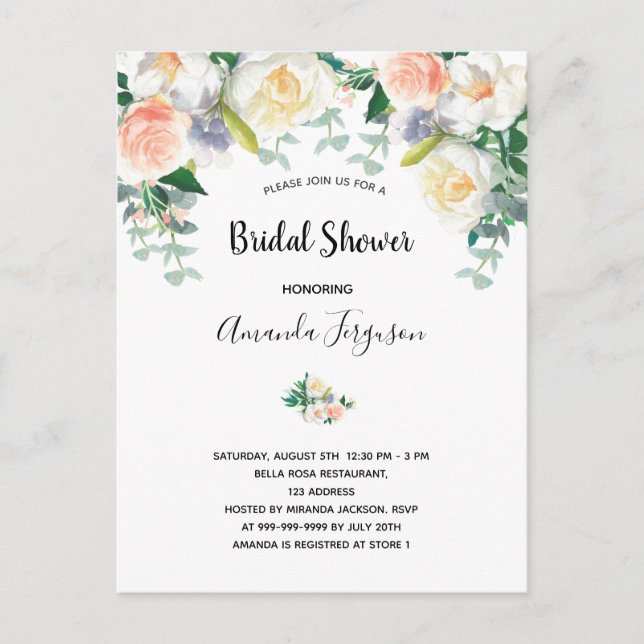 Blush floral eacalyptus bridal shower invitation postcard (Front)