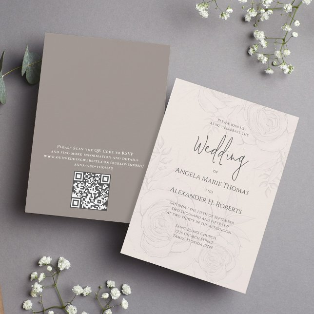 Blush Floral Elegant Simple | QR Code  Invitation (Elegant blush floral wedding invitation with elegant calligraphy script. with QR Code. )