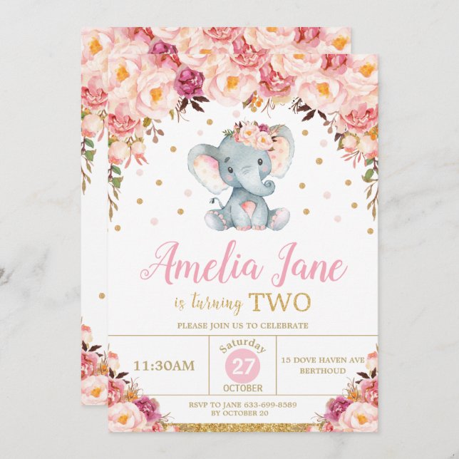 Blush Floral Elephant 2nd Birthday Gold Glitter Invitation (Front/Back)