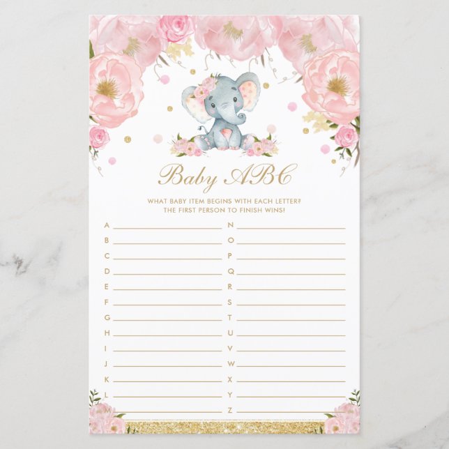 Blush Floral Elephant Baby ABC Baby Shower Game (Front)