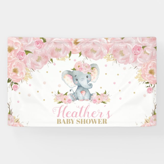 Blush Floral Elephant Baby Shower Backdrop Decor Banner (Horizontal)