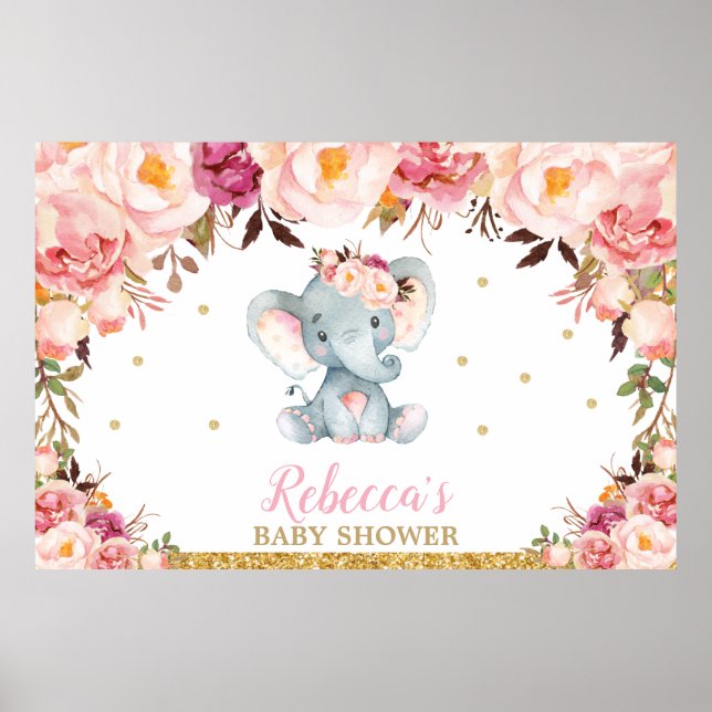 Blush Floral Elephant Baby Shower Party Backdrop  Poster (Front)