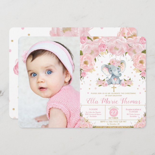 Blush Floral Elephant Baptism Girl Photo Invitation (Front/Back)