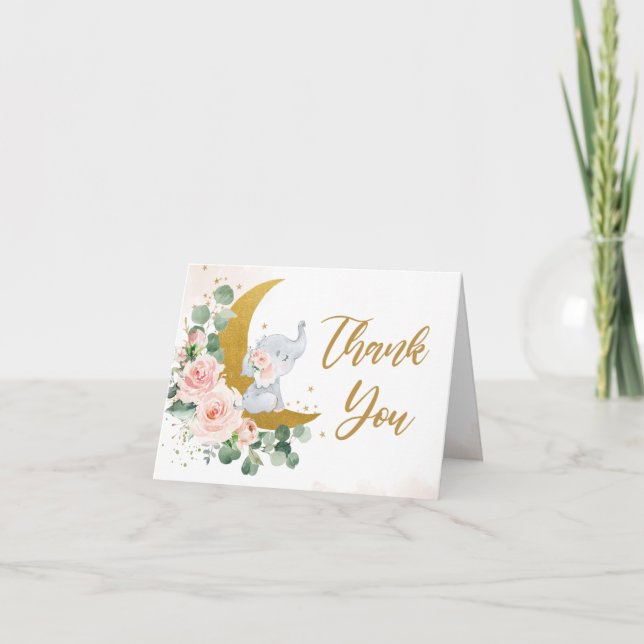 Blush Floral Elephant Over the Moon Baby Shower Thank You Card (Front)