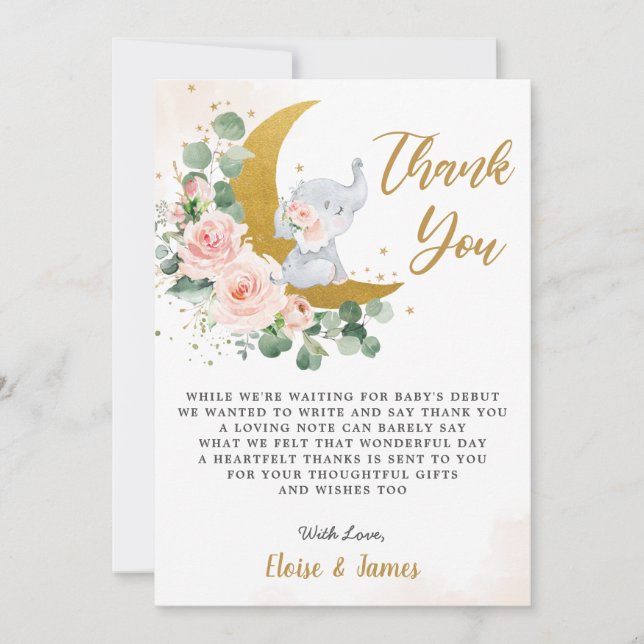Blush Floral Elephant Over the Moon Baby Shower  Thank You Card (Front)