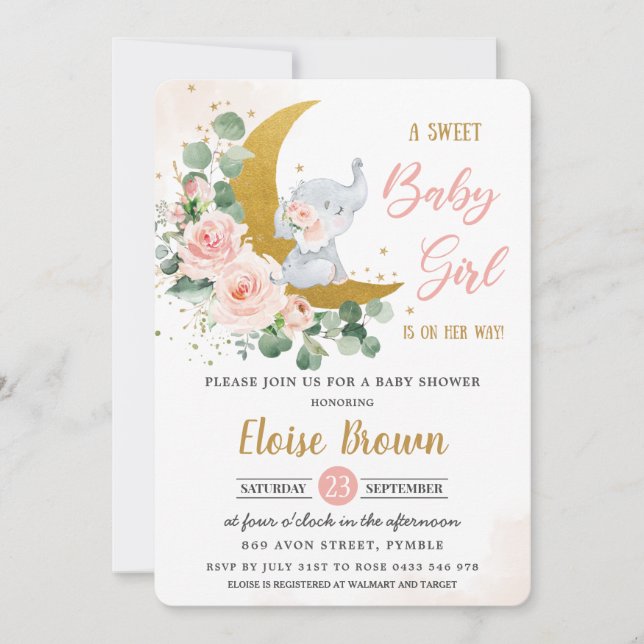 Blush Floral Elephant Sweet Baby Girl Shower   Invitation (Front)