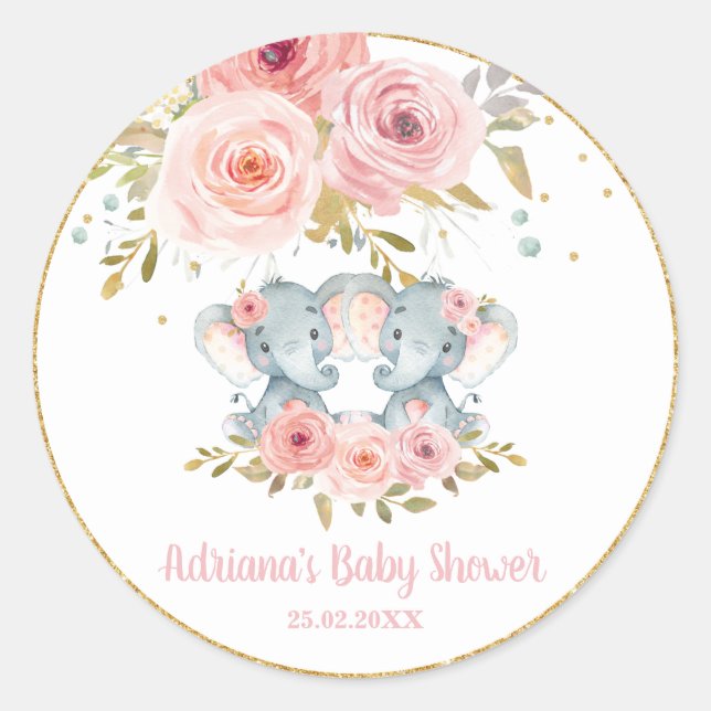 Blush Floral Elephant Twins Baby Girl Shower Favou Classic Round Sticker (Front)