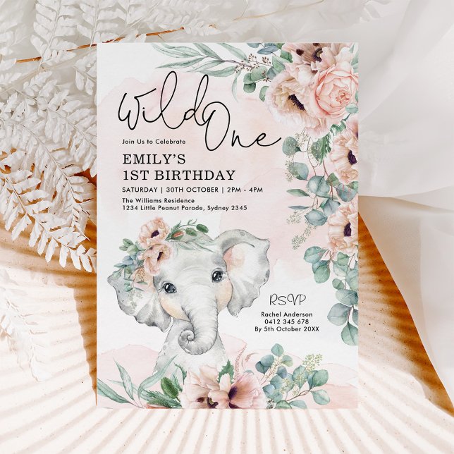 Blush Floral Elephant Wild One 1st Birthday Girl I Invitation (Creator Uploaded)