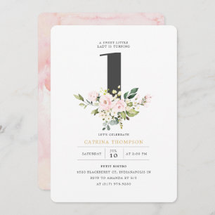 Blush Floral & Eucalyptus Girl 1st Birthday Party Invitation