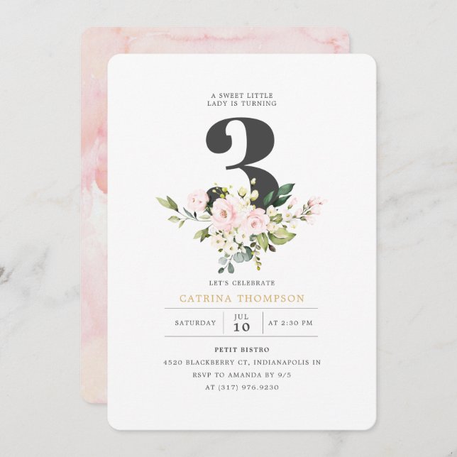 Blush Floral & Eucalyptus Girl 3rd Birthday Party Invitation (Front/Back)