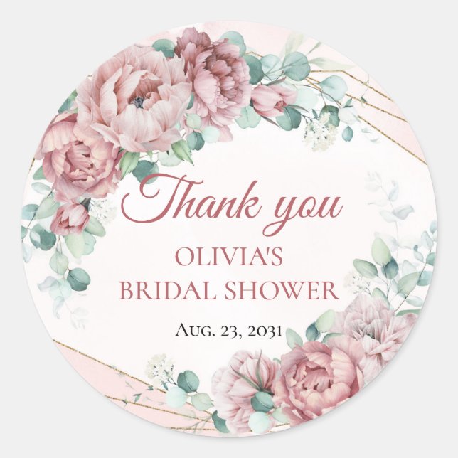Blush floral eucalyptus gold frame bridal shower classic round sticker (Front)