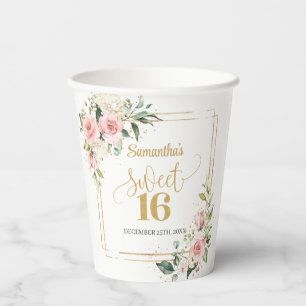 Blush floral eucalyptus gold sweet sixteen 16th paper cups