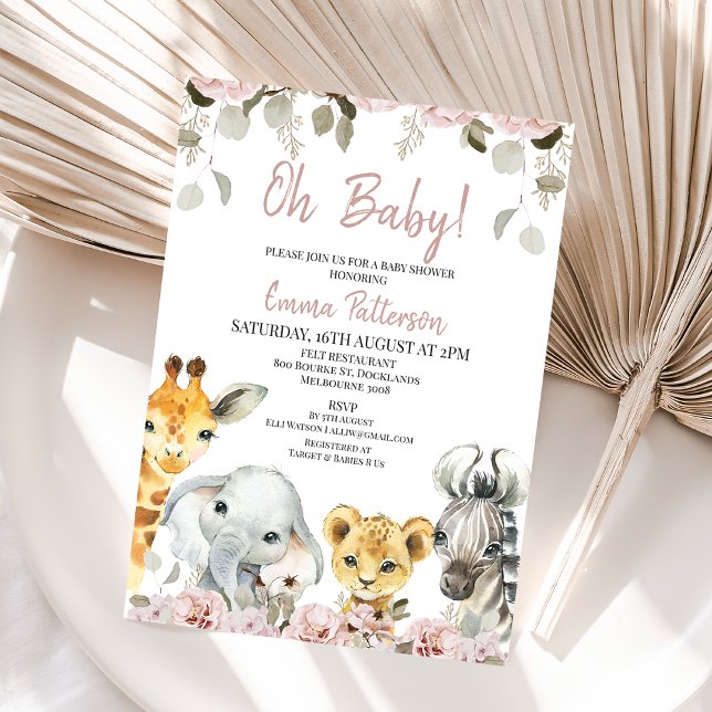 Blush Floral Eucalyptus Safari Baby Shower  Invitation (Girls safari themed baby shower invitation featuring four cute animals and blush floral arrangements)