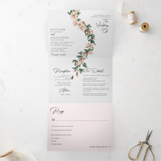Blush Floral Eucalyptus Wedding All In One Tri-Fold Invitation (Inside)
