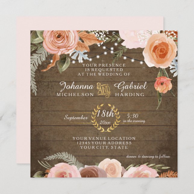 Blush Floral Fall Rustic Wood Forest Green Leaf Invitation (Front/Back)