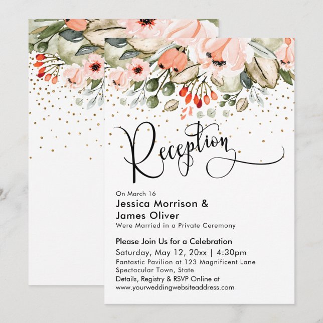 Blush Floral Faux Gold Confetti Wedding Reception Invitation (Front/Back)