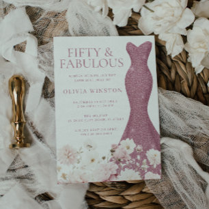 Blush Floral Fifty & Fabulous 50th Birthday Dress Invitation
