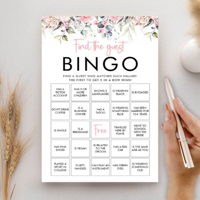 Blush Floral Find The Guest Bingo Game Card (Creator Uploaded)