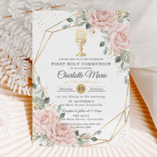 Blush Floral First Holy Communion Gold Chalice Invitation