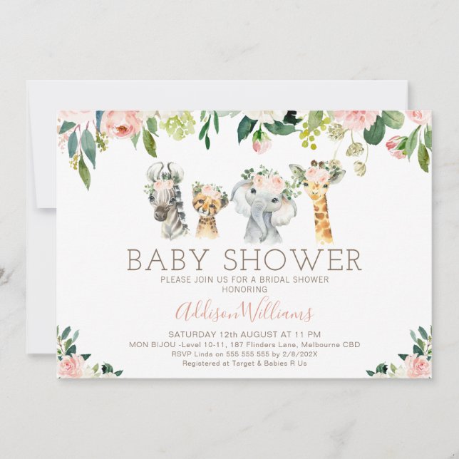 Blush Floral Foliage Safari Baby Shower Invitation (Front)