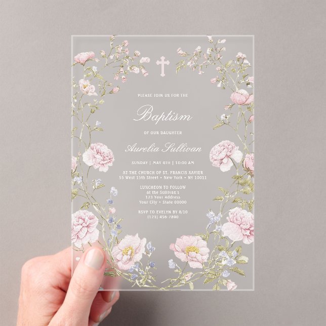 Blush Floral Frame Baptism Acrylic Invitation (Insitu (Handheld))