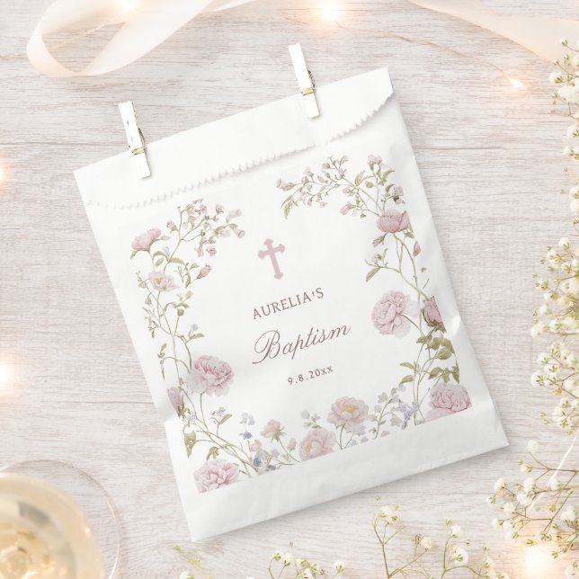 Blush Floral Frame Baptism Favour Bags (Clipped)