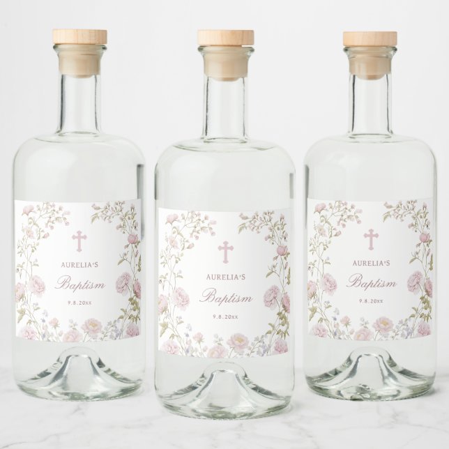 Blush Floral Frame Baptism Liquor Bottle Label (Bottles)