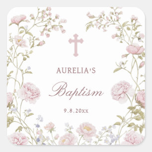 Blush Floral Frame Baptism Square Sticker