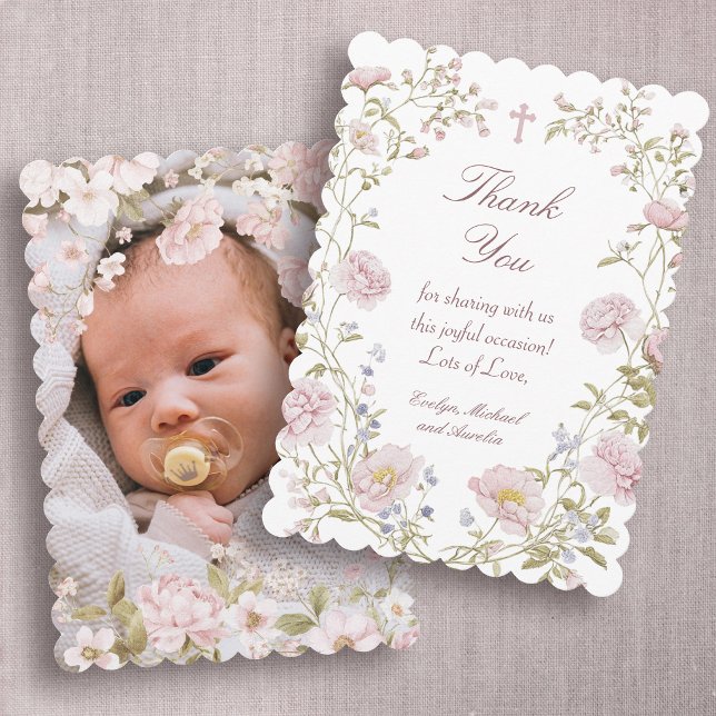 Blush Floral Frame Baptism Thank You Card (Creator Uploaded)