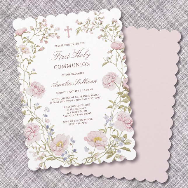 Blush Floral Frame First Holy Communion Invitation (Creator Uploaded)