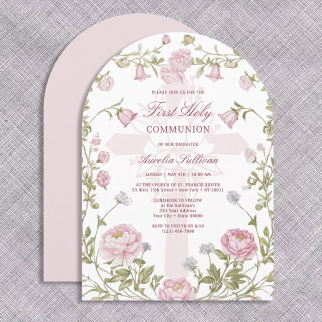 Blush Floral Frame Holy Cross First Holy Communion Invitation (Creator Uploaded)