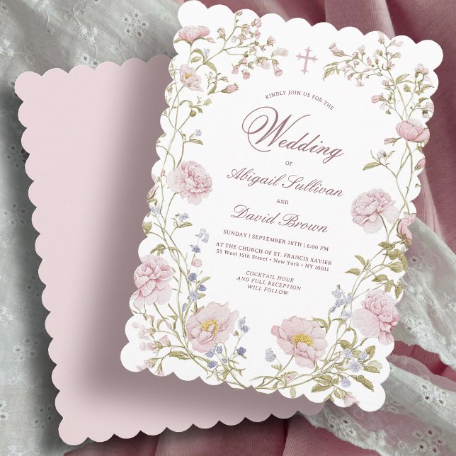 Blush Floral Frame Religious Wedding Invitation (Creator Uploaded)