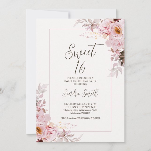 Blush Floral Frame Sweet 16 Birthday Invitation (Front)