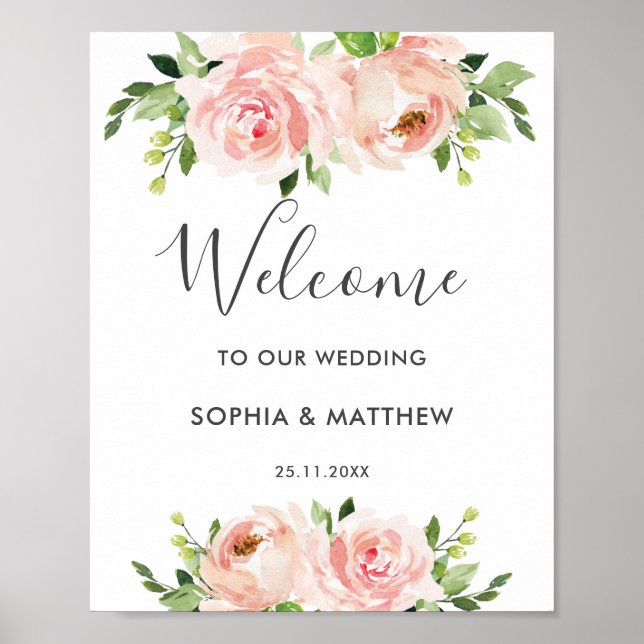 Blush Floral Garden Wedding Welcome Sign (Front)