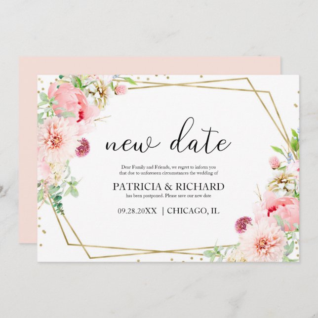 Blush Floral Geometric Wedding Postponement Invitation (Front/Back)
