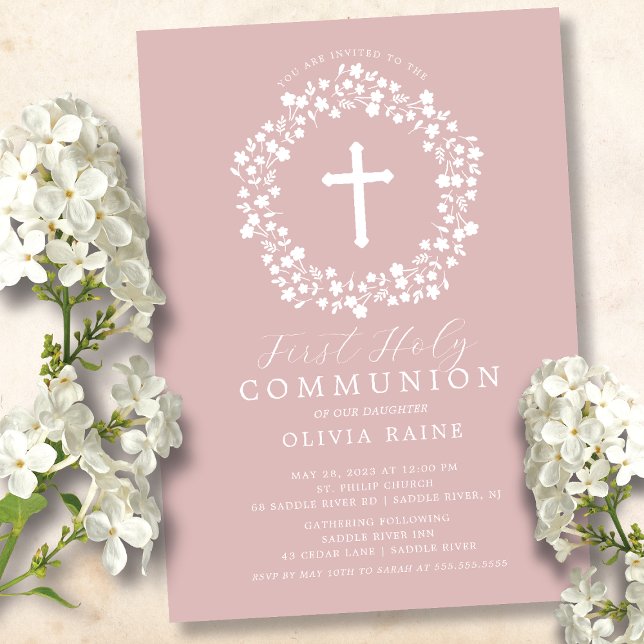 Blush Floral Girls First Communion Invitation (Creator Uploaded)