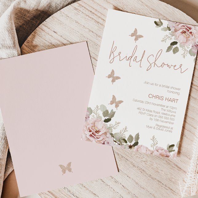 Blush Floral Glitter Butterfly Bridal Shower  Invitation (Modern boho blush floral and faux glitter butterfly bridal shower invitation.)