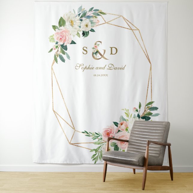 Blush Floral Gold Ampersand Monogram Photo Booth Tapestry (In Situ)