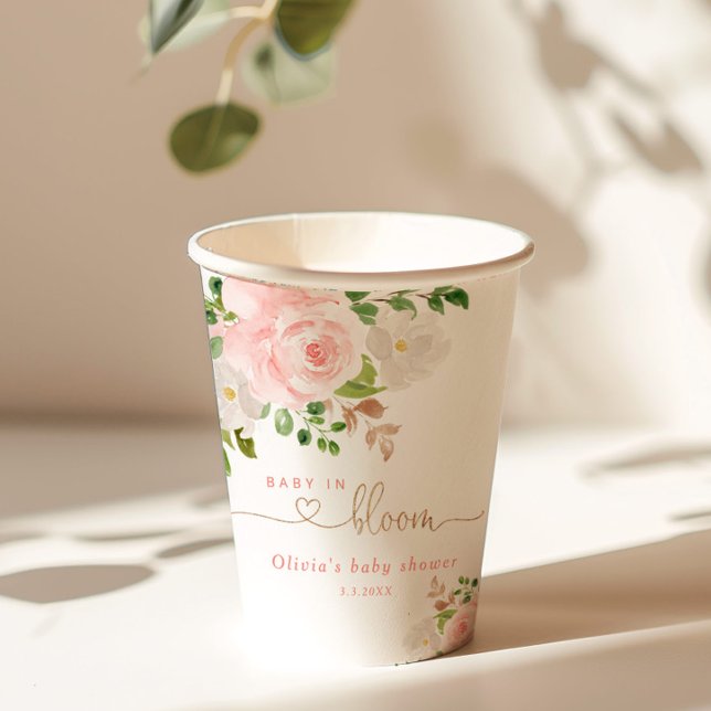 Blush floral gold baby in bloom baby shower paper cups (Creator Uploaded)