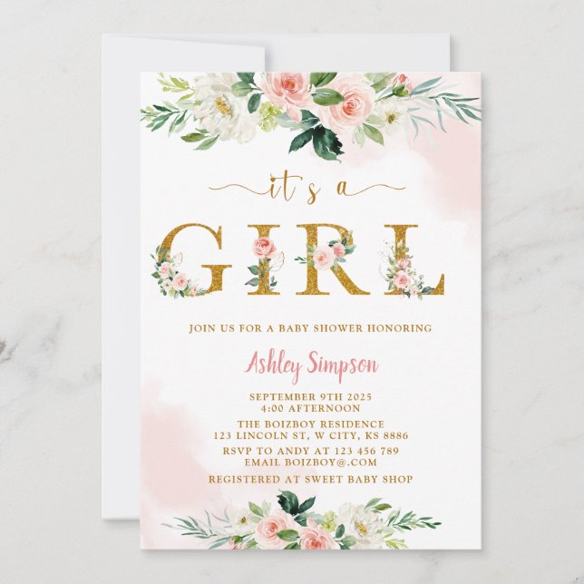 Blush Floral Gold Baby Shower Invitation (Front)
