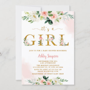 Blush Floral Gold Baby Shower Invitation