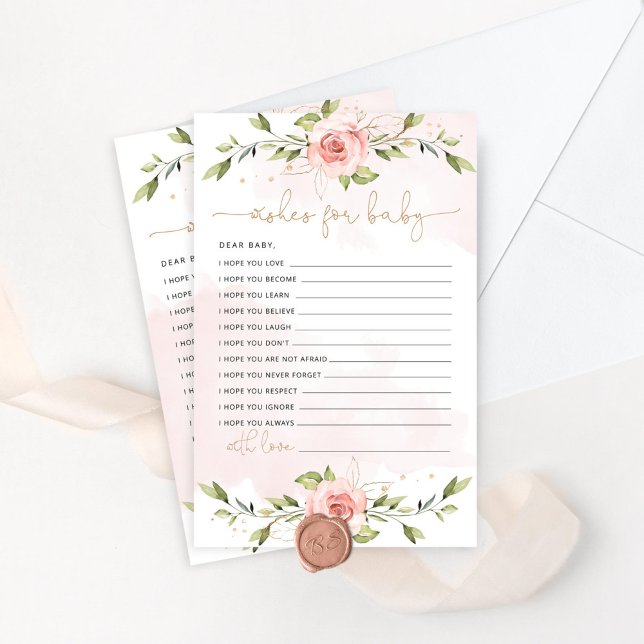 Blush floral gold baby shower wishes for baby card (Creator Uploaded)