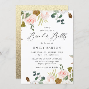 Blush Floral & Gold Bridal Shower Brunch & Bubbly Invitation