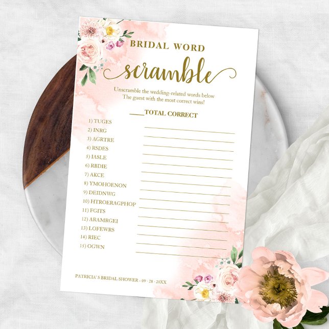 Blush Floral Gold Bridal Word Scramble Game Flyer (Creator Uploaded)