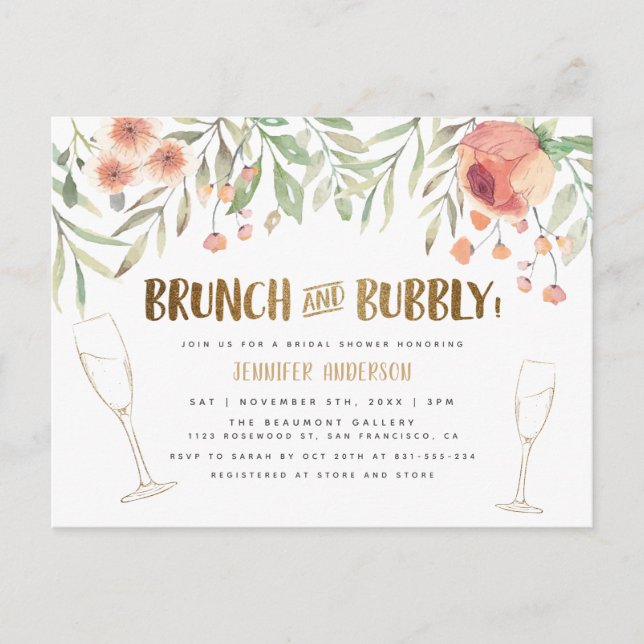 Blush Floral & Gold Brunch & Bubbly Bridal Shower Invitation Postcard (Front)