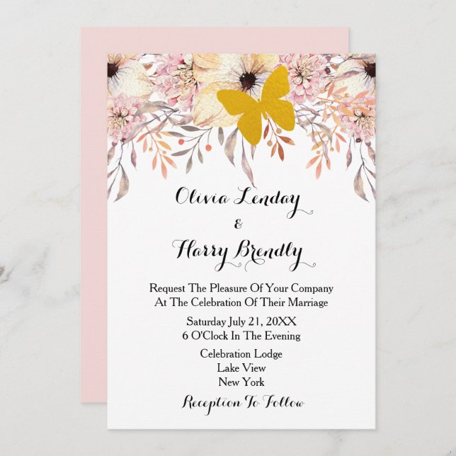 Blush Floral Gold Butterfly Wedding Invitation (Front/Back)