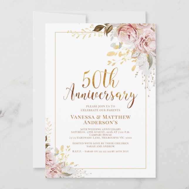 Blush Floral Gold Calligraphy 50th Anniversary Invitation (Front)